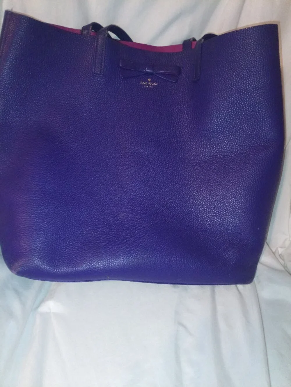 Kate Spade Pebbled Leather Bow Double Handle Large Tote Royal Purple